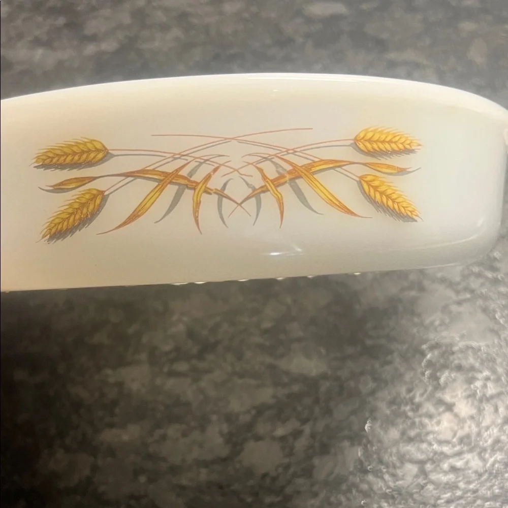 Vintage Fire King Golden Wheat White Casserole Dish with Wheat Design
